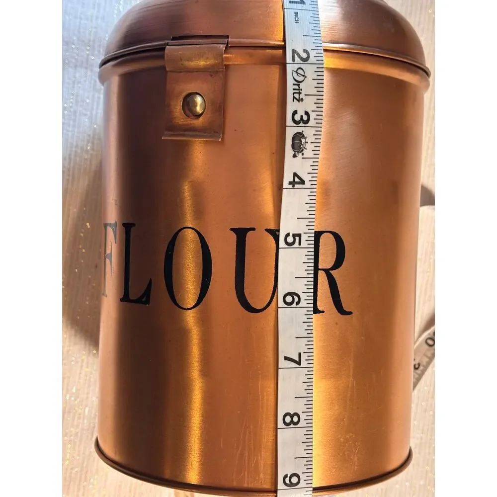 Vintage Copper Flour Canister with Latch Lid and Black Lettering